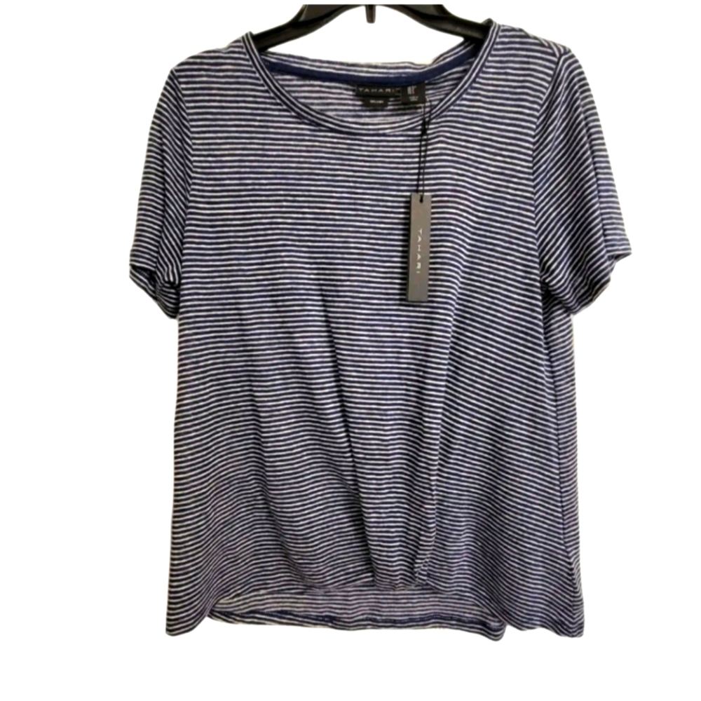 Tahari Blue and White Striped Short Sleeve Top